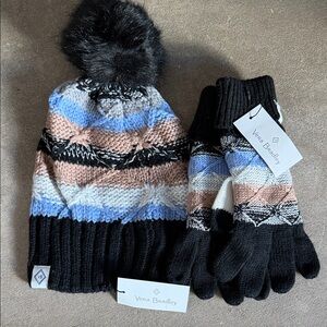 Vera Bradley Black and Blue Knit Hat and Gloves Set
